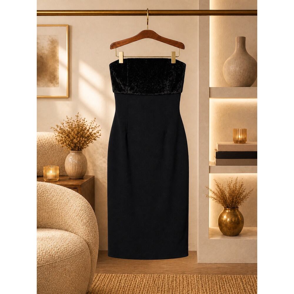 By Anthropologie Strapless Faux Fur Trim Slim Midi Dress Black NWT XL Luxe Chic